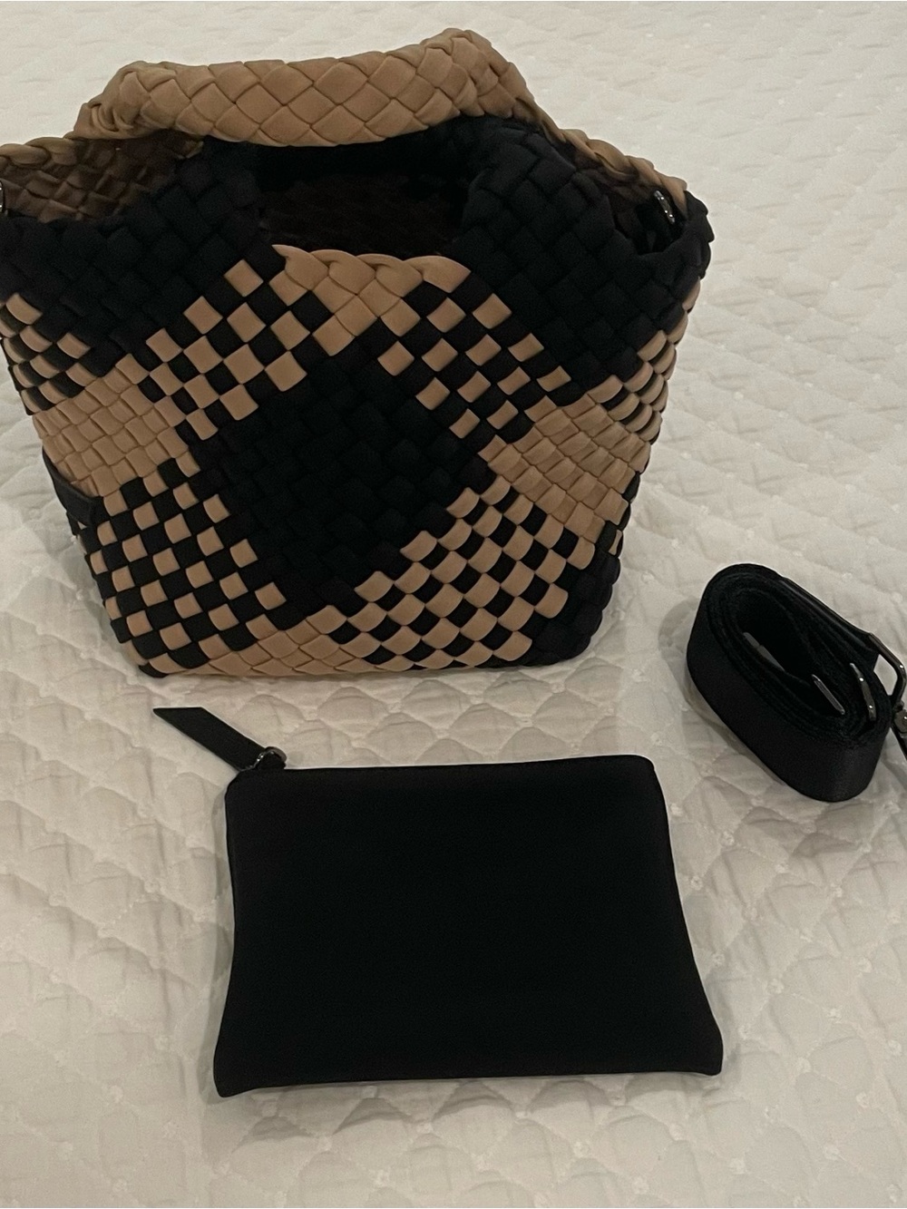 Naghedi Black and Tan Woven Tote with Removable Pouch